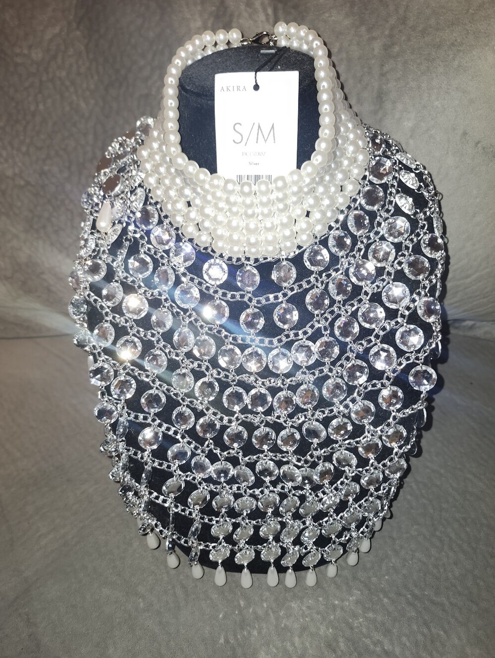AKIRA White Pearl Collar with Silver Crystal Fringe Bib Necklace